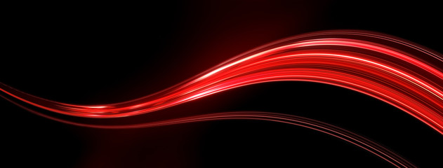 Fototapete - Light and stripes, glow abstract effect, paint splash, colorful curl, artistic spiral. Vivid red ribbon on black background. 3d illustration