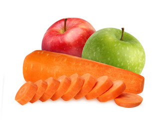 Wall Mural - Green and red apples and carrots isolated on a white background.