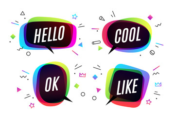 Fototapete - Set. Banner, speech bubble, poster and sticker concept, geometric style with text Hello, Cool, Ok and Like. Icon message speech bubble for banner, poster, web. White background. Vector Illustration