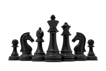 Poster - 3d rendering of a chess black king stands in the center of other lesser black pieces on a white background.
