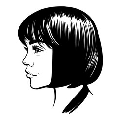 Beautiful girl portrait. Bob hairstyle. Black and white style. Illustration.