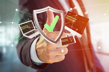 Poster - Shield symbol surrounded by devices and network displayed on a futuristic interface