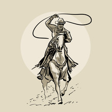 American Cowboy Riding Horse And Throwing Lasso. Hand Drawn Illustration. Hand Sketch. Illustration.