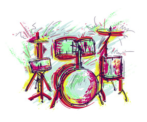 Wall Mural - Drum kit with splashes in watercolor style. Colorful hand drawn vector illustration 