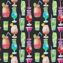Watercolor Cocktails Seamless Pattern, Hand Painted On A Dark Background