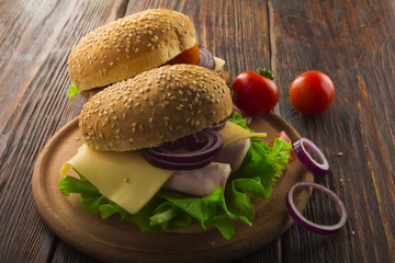 Fresh home-made hamburger served on wood