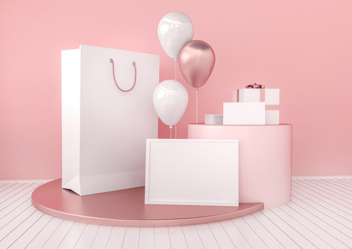 Set of paper bag, frame for certificate, card or envelope mock up in elegant pink and white colors style with balloons. Festive design for branding or corporate identity. 3d rendering illustration.