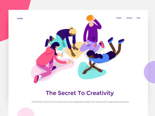 Poster - People work in a team and achieve a goal. Creative process and brainstorming. Landing page template. 3d vector isometric illustration.