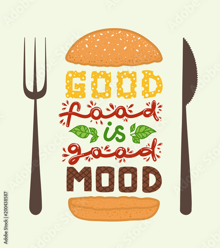 Dekoracja na wymiar  sztuka-konceptualna-burgera-cytaty-dobre-jedzenie-to-dobry-nastroj-ilustracja-wektorowa-napisu