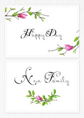 Wall Mural - Set of two templates for greetings or invitations to the wedding in green and pink colors. Illustration by markers, beautiful composition of magnolias and twigs with leaves.