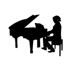 piano player silhouette on white background, in black