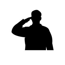 Saluting Soldier Silhouette On White Background, In Black