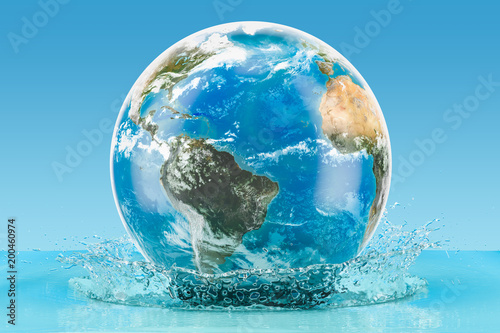 Fotomural Earth Globe with water splash on the blue background, 3D rendering
