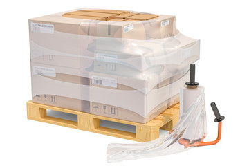 Poster - manual film stretch wrapping machine and wooden pallet with parcels wrapped in the stretch film, 3d 
