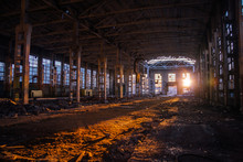Sunlight Of Sunset In Large Abandoned Industrial Building Of Voronezh Excavator Factory  