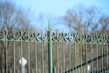 forged metal fence of the Park on the sky background