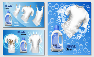 Sticker - Laundry room washing banner concept set. Realistic illustration of 3 laundry room washing vector banner horizontal concepts for web