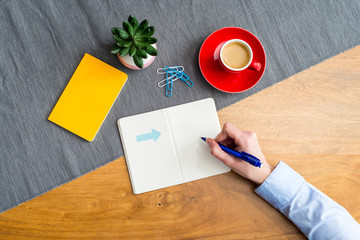 Wall Mural - Empty notebook with copy space and hand as flat lay and template
