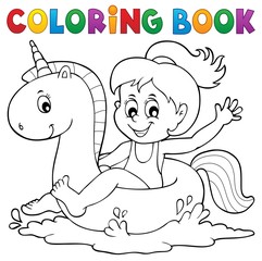 Canvas Print - Coloring book girl floating on unicorn 1