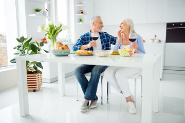 Sticker - Full length, size of lovely sweet attractive funny  joyful cheerful couple looking at each other laughing drinking alcohol celebrating anniversary, having rest, relax indoor, in flat, apartment