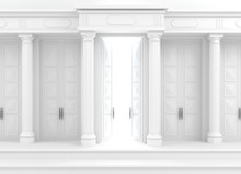 3D Illustration. Background With Classic Wall With Stone White Columns And Double Open Doors.