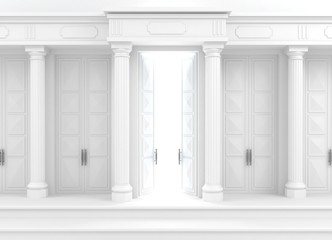 Wall Mural - 3D illustration. Background with classic wall with stone white columns and double open doors.