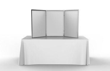 Wall Mural - Table top folding display board for trade show. 3d render illustration.
