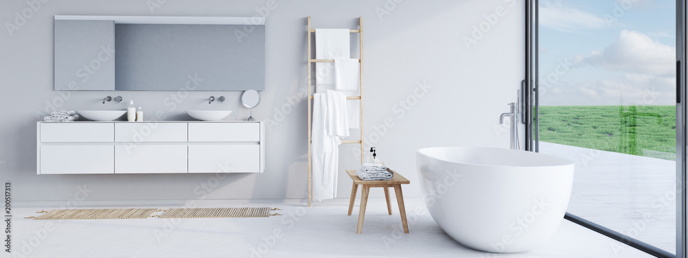 new modern bathroom with a nice view. 3d rendering - obrazy, fototapety, plakaty 