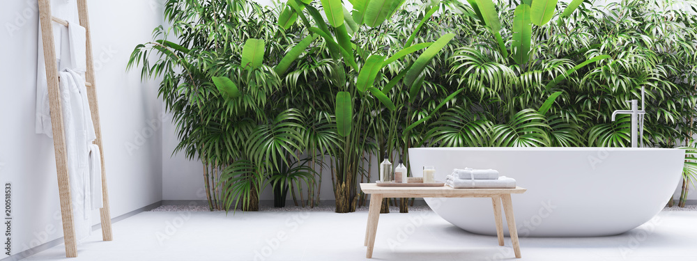 new modern zen bathroom with tropic plants. 3d rendering - obrazy, fototapety, plakaty 