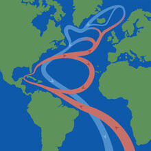 Gulf Stream And North Atlantic Current That Cause Weather Phenomena Like Hurricanes And Is Influential On The Worlds Climate. Flows Of Red Thermal Surface Currents And Blue Cooled Deep-water Currents.