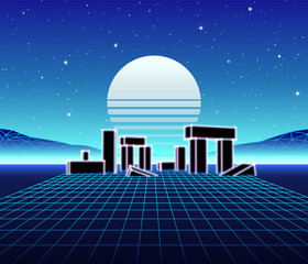 Poster - Neon landscape with 80s retro wave game style