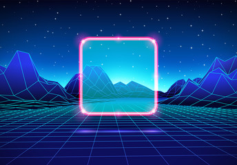 Aufkleber - Retro futuristic landscape with square and shiny grid