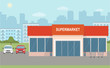 Supermarket building and two cars on city background. Urban landscape. Flat style, vector illustration.

