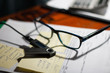 © Natalie - Glasses and nano wallet on a folder with documents, bills and notes on a desk