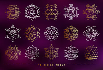 Sacred geometry style symbol set. Gold and white sacral geometric outline signs on the gradient mesh purple background. Line art elements. EPS 10 linear design vector illustration.