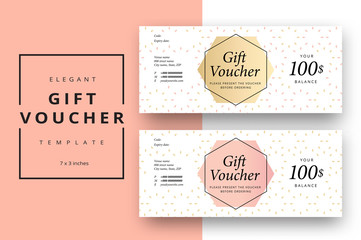 Sticker - Trendy abstract gift voucher card templates. Modern discount coupon or certificate layout with artistic stroke pattern. Vector fashion bright background design with information sample text.