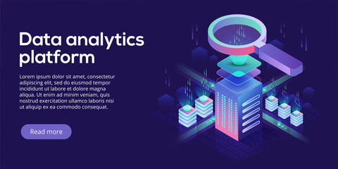 Wall Mural - Data analytics platform isometric vector illustration. Abstract 3d hosting server or data center room background. Network or mainframe infrastructure website header. Computer storage or workstation.