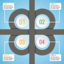 Infographics Template With Clover Road Map. Top View Vector Elements. Road Trip. Business And Journey Infographic Design Template. Winding Road On A Blue Background