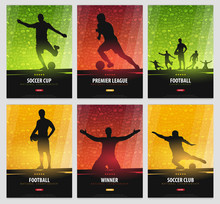 Set Of Football Or Soccer Design Posters With Hand Draw Doodle Elements On A Background And Football Player Silhouette. Soccer Championship. Vector Illustration
