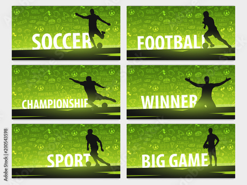 Fotografía Set of Football or Soccer design banners with hand draw doodle elements and football player silhouette