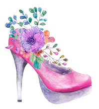 Beautiful Watercolor High Heel Shoe With Flowers