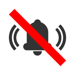 Sticker - NO SOUND crossed out sign. Bell icon. Keep silence symbol. Vector.