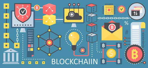Poster - Bitcoin cryptocurrency and blockchain network technology concept icons. Vector blockchain poster template.
