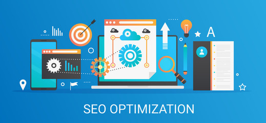 Poster - Flat modern vector concept Seo optimization and analytics banner with icons and text.
