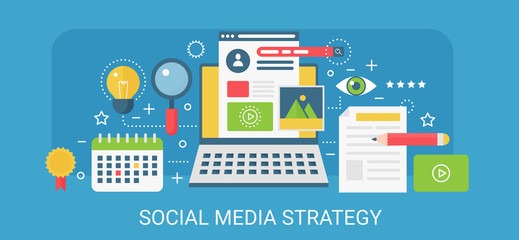 Poster - Flat modern vector concept Social media strategy banner with icons and text.