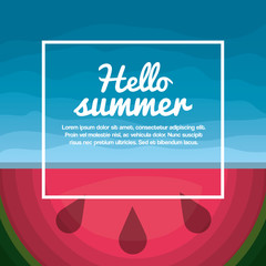 Sticker - hello summer vacations blue background with text watermelon tropical fruit vector illustration