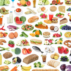 Wall Mural - Collection of food and drink background collage healthy eating fruits vegetables square fruit drinks isolated