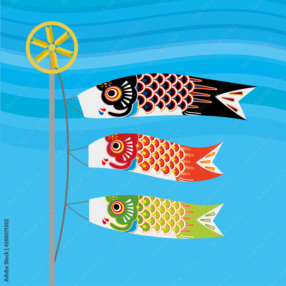 青空と3匹の鯉のぼりのイラスト｜端午の節句のイメージ｜ベクター