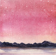 Landscape is a dark silhouette of mountain chain on the far side of the lake against the backdrop of pink sky with milk stars. Hand drawn watercolor  background