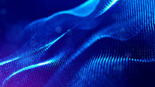 Science Fiction Background Of Glowing Particles With Depth Of Field And Bokeh. Particles Form Line And Abstract Surface Grid. 3d Rendering V24 Blue